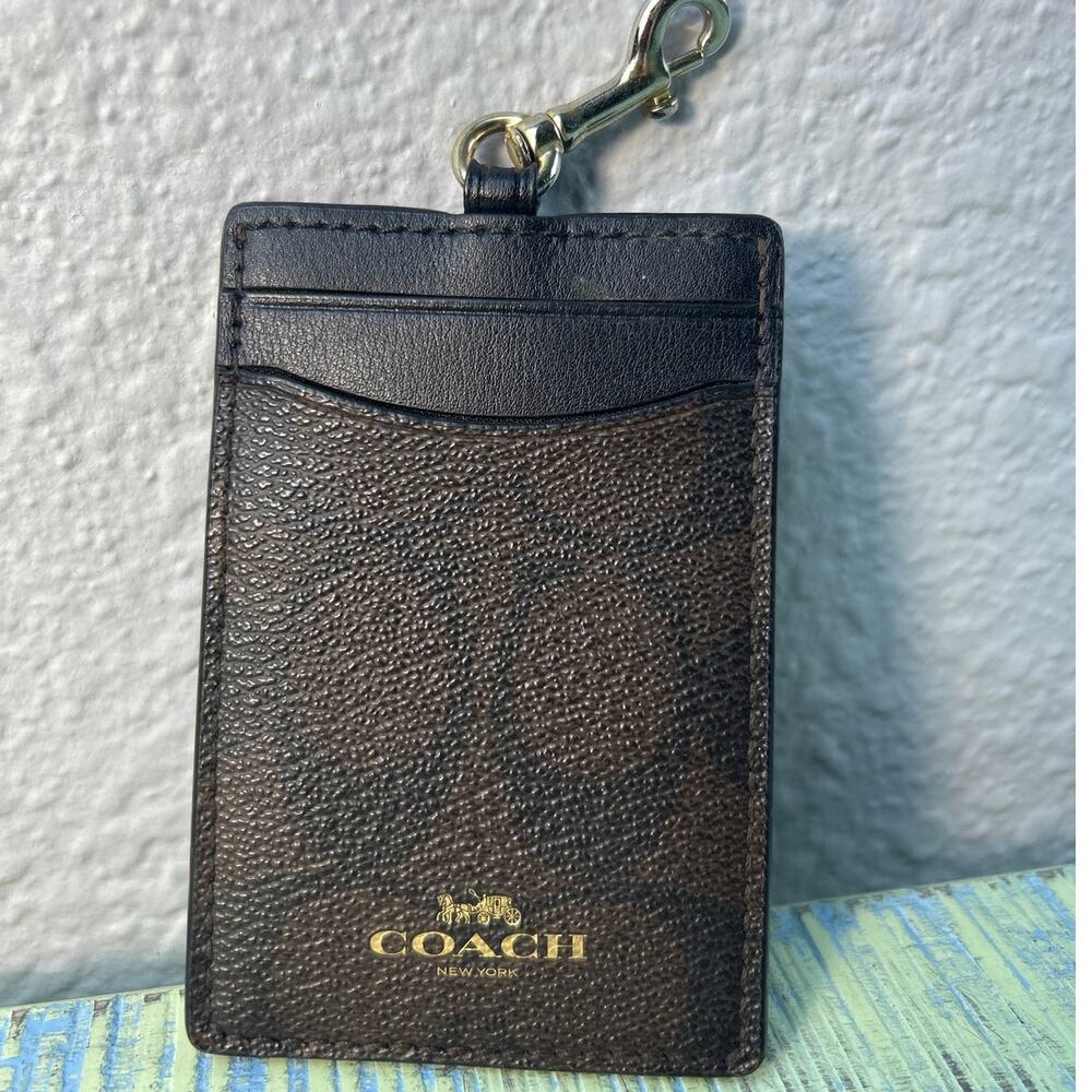 Coach ID Lanyard Case Signature Coated Canvas Leather Brown Black CLIP